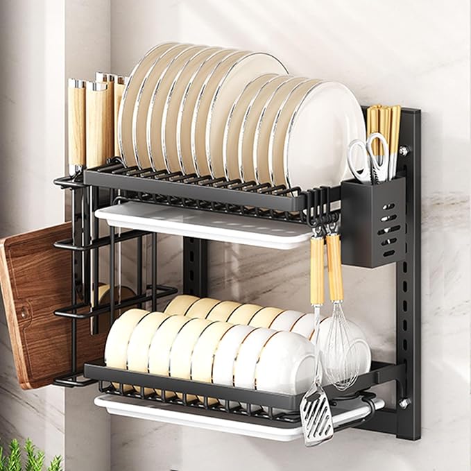 Wall Mounted Dish Drying Rack,Large Dish Drainer Drying Rack for Kitchen Counter,Multi-Level Kitchen Organizer with Drainboard Double-Layer Model(Black,2 Tier 42cm)