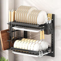 Wall Mounted Dish Drying Rack,Large Dish Drainer Drying Rack for Kitchen Counter,Multi-Level Kitchen Organizer with Drainboard Double-Layer Model(Black,2 Tier 38cm)