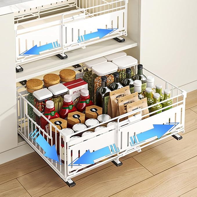 Expandable Pull Out Cabinet Organiser, No Drill Adhesive Slide Out Kitchen Drawer Shelf Durable Metal for Under Sink, Cupboard, Pantry, Adjustable Width (12.8"-19.7") (Style A White, 2 Pack)