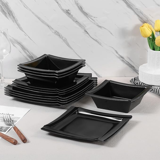Square Melamine Dinnerware Sets of 12 Pcs,Square Plates and Bowls Sets,Unbreakable Dish Set for 4,Lightweight, Dishwasher Safe and BPA Free,Suit for RV,Camping（Black）