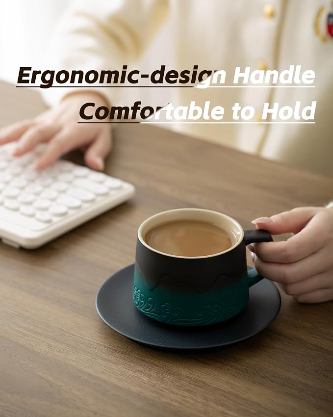 8 oz Cappuccino Cups Set of 2, Embossment Ceramic Coffee Cups with Saucers Set for Latte Art, Artistic Stoneware Cups for Cafe Au Lait, Black Tea, Coffee Lovers GiftsGradient Green