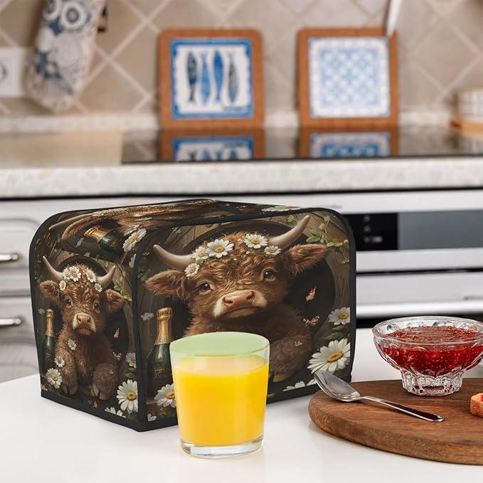 Highland Cow Flower Animal Toaster Cover 4 Slice Dust and Fingerprint Protection Toaster Bread Maker Covers Washable Kitchen Small Appliance Covers for Kitchen Accessories Decor Bakeware Women Gift