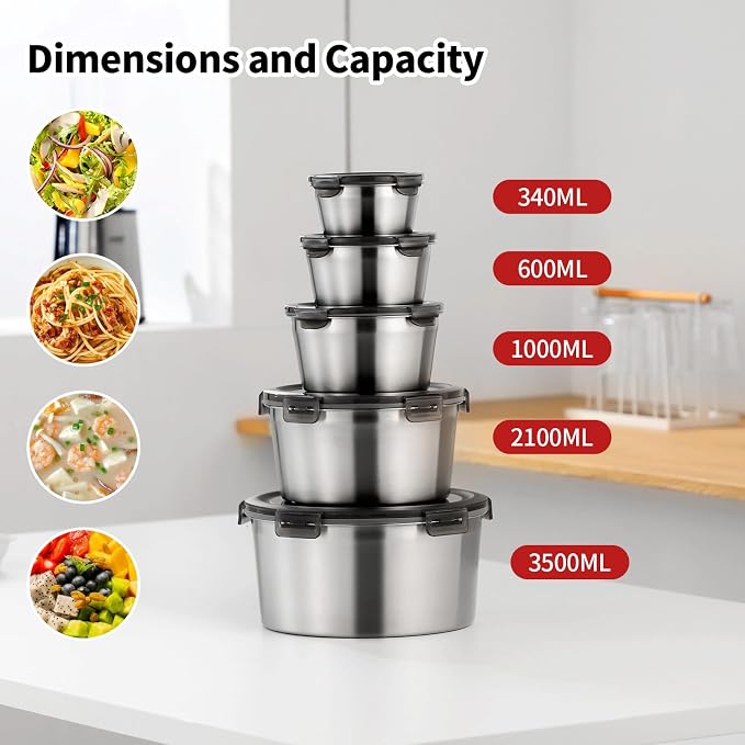 316L Stainless Steel Food Storage Containers with Lids, 11.5oz/20oz 34oz/71oz Airtight Metal Meal Prep Containers,Bento Lunch Box for Kitchen, Picnic & Camping（340 ml/600 ml/1000 ml/2100 ml）