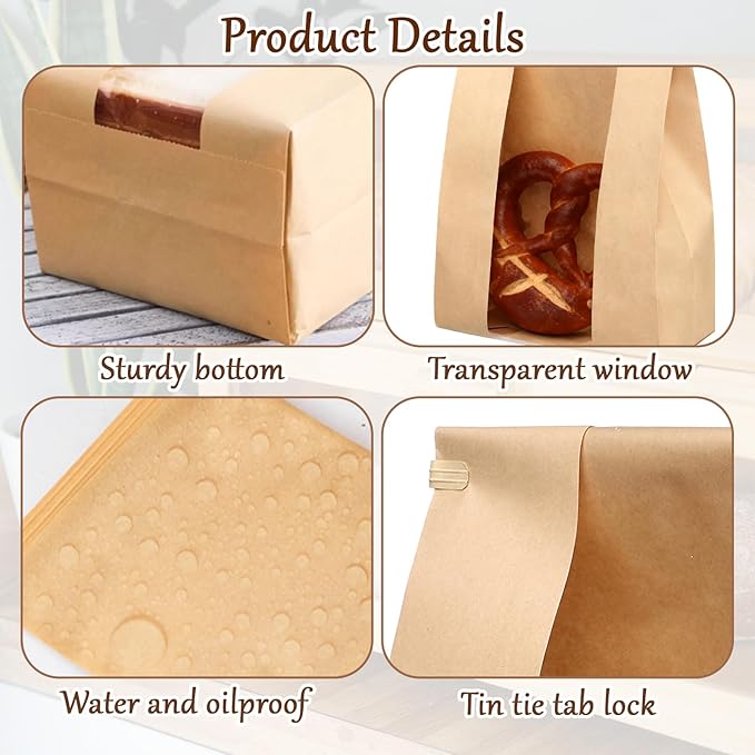 120 Pack Paper Bread Bags for Homemade Bread - Sourdough Bread Bags with Tin Tie Tab Lock Clear Front Window, Sourdough Bags Bread Storage Bakery Packaging 125 Cute Sealing Stickers