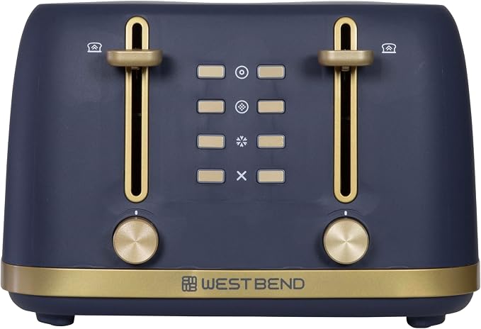 West Bend Timeless 4-Slice Toaster with 7 Browning Levels, Bagel/Waffle/Defrost Settings, High-Lift Lever, Anti-Jam, Easy-Clean Crumb Tray, 4-Slice, Blue/Gold