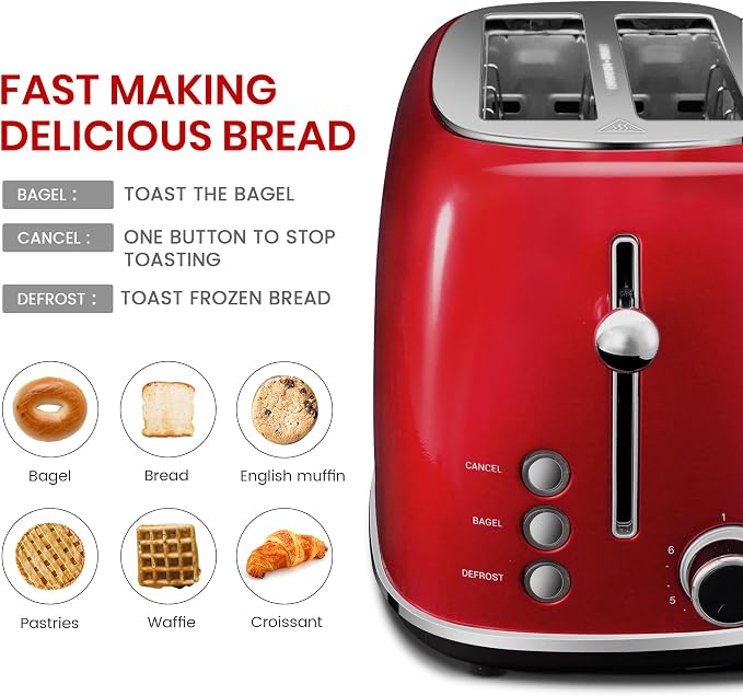 Roter Mond 2 Slice Toaster Retro Stainless Steel with Bagel, Cancel, and Defrost Functions, 6 Bread Shade Settings, Extra Wide Slots and Removable Crumb Tray, Red