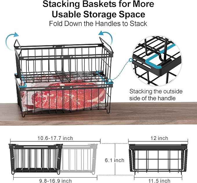 iSPECLE 2 Pack Freezer Organizer Bins - Fit 10 to 20 Cu.Ft Deep Freezer, Expandable Wire Storage Chest Freezer Baskets for Frozen Food, Stackable with Handles, Black