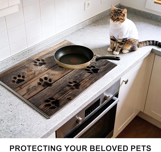 Stove Top Cover for Electric Stove 28.35 x 20.47 Inch Non Slip Stove Mat Rustic Paw Print Glass Cooktop Protector Kitchen Counter Mat