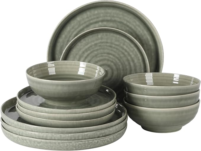 Gibson Elite Eclipse Swirls Plates and Bowls Sets, 12-Piece Stoneware Dinnerware Sets, Reactive Glaze Dish Set - Green