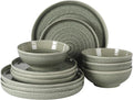 Gibson Elite Eclipse Swirls Plates and Bowls Sets, 12-Piece Stoneware Dinnerware Sets, Reactive Glaze Dish Set - Green