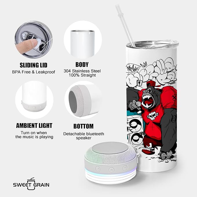 sweet grain Music Speaker Tumbler(25Pack) - 20 oz Sublimation Tumbler Skinny Straight with Speaker, Straw & USB Charging Cable, Music Tumbler Cup - White