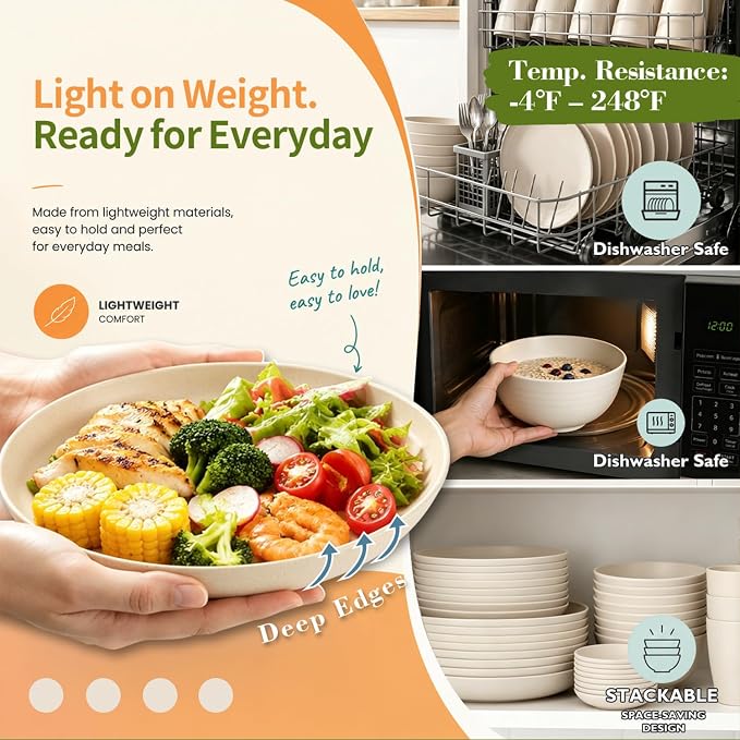 Wrova Premium Plates Bowls and Cups Set 40 PCS- Wheat Straw Dinnerware Sets for 8- Unbreakable Deep Plates/Bowls/Cups/Sauce Dishes- Dishwasher Safe Daily Living Dinnerware for Dinner,Patio- Beige