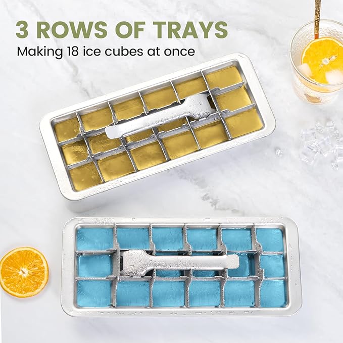 Stainless Steel Ice Cube Trays with lever and Stand for Freezer - Large Metal Ice Mold with Silicone Lid, Non-Toxic Whiskey Ice Cubes Tray, Easy Release Reusable Kitchen Essential (Set of 2)