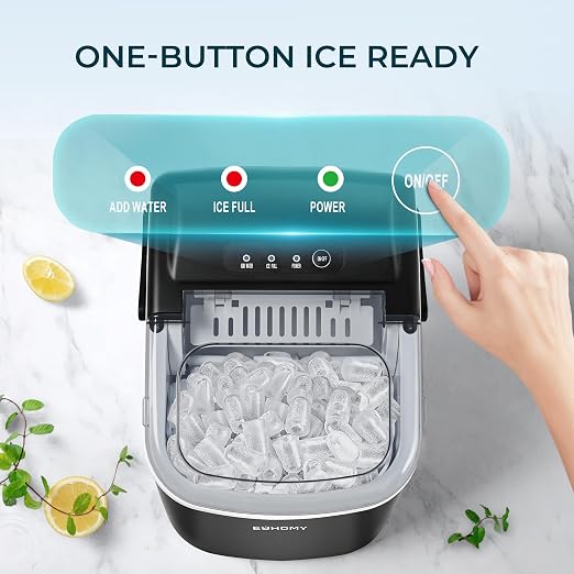 EUHOMY Countertop Ice Maker Machine with Handle, 26.4lbs Per Day, 9 Ice Cubes Ready in 6 Mins, Auto-Cleaning Portable Ice Maker with Basket and Scoop, for Home/Kitchen/Camping/RV (Black)