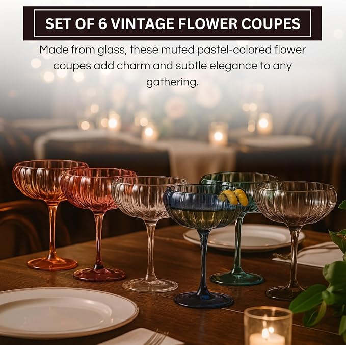 Khen Flower Modern Wavy Glass Coupes Martini, Champagne & Cocktail Coupes - Set of 6-7.7 oz Colorful Cocktail Glasses for Champagne, Prosecco, Mimosa - Copyright Design - Muted Pastel Colors