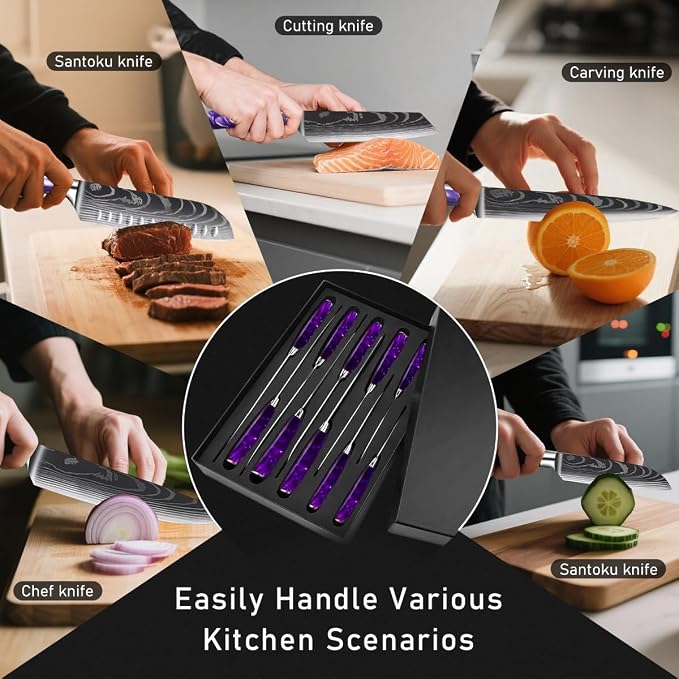 10-Piece Premium Japanese Kitchen Knife Set - Star Collection, Laser Damascus Pattern, 440A Stainless Steel Ultra Sharp for Fast Cutting (Purple)