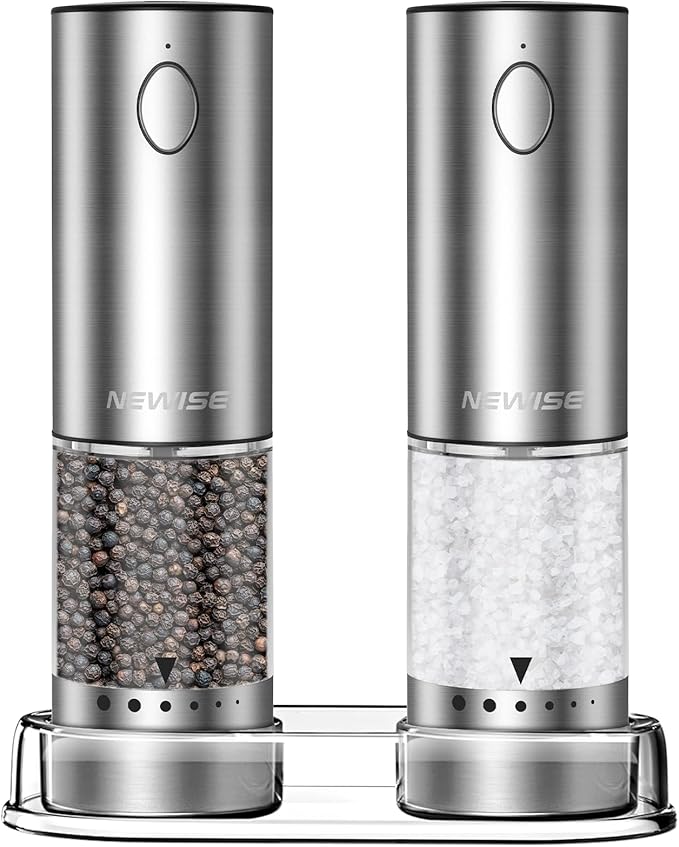 Newise Electric Salt and Pepper Grinder Set - Rechargeable Stainless Steel Salt and Pepper Shakers with LED Lights, Adjustable Coarseness, Large Capacity, Gifts for Women