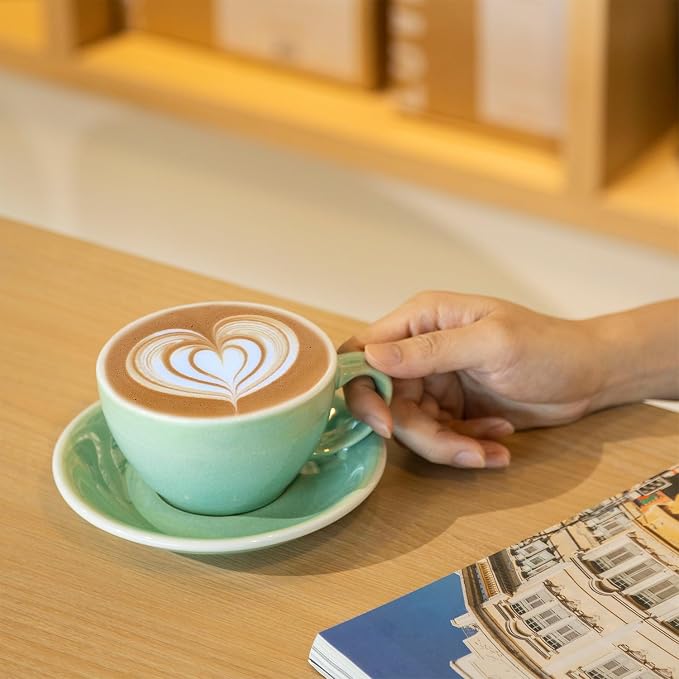 Loveramics Coffee Cup Ceramic, 10 oz Latte Art Cup with Saucer for Cappuccino, Tea, Espresso, Thick - walled stoneware Cappuccino mug Set for Cafe and Barista - Potters Colours (Basil, 10OZ)