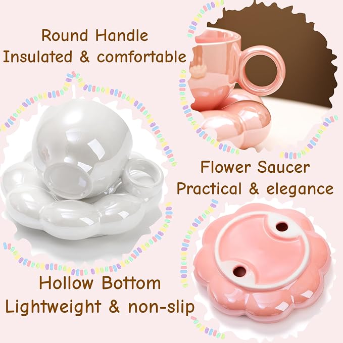 Goaste 2 Pack Ceramic Coffee Mug with Saucer Set, Cute Cloud Mug with Sunflower Coaster, 8oz Creative Latte Tea Cup for Office, Home, Coffee, Tea, Latte, Milk, Pink, Pearl White