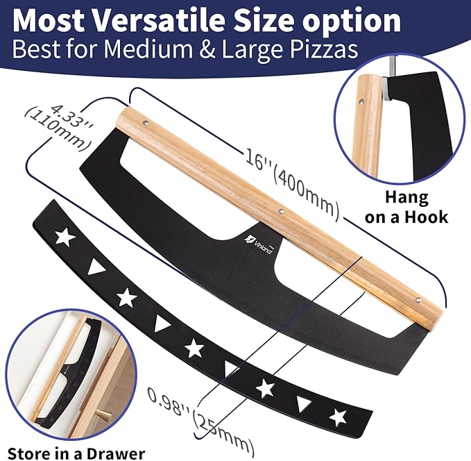 16-Inch Pizza Cutter Rocker Blade, Food Grade Stainless Steel Slicing Knife & Sharp, Rust-Proof, Stylish Rubberwood Wood Handle, Protective Cover - Professional Pizza Oven Accessories, Black