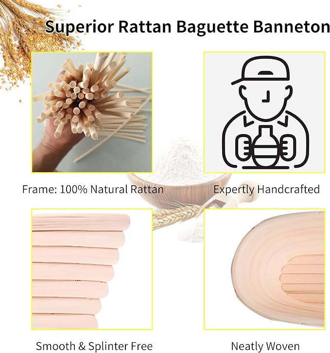 Banneton Bread Proofing Basket - 15 Inch Baguette Sourdough Bread Basket with Liner - Set of 2- Natural Rattan-Mother's Gifts