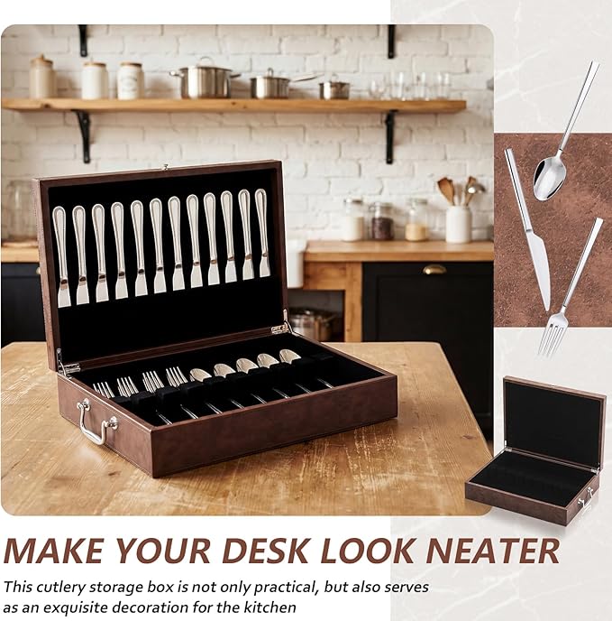 DoubleFill 1 Layer Leather Silverware Storage Box with Lid and Handles, Anti Tarnish Silverware Storage Chest Case with Felt-lined for 12 Sets of Utensils Flatware Gifts, 15.3x11.2x3.6 Inch