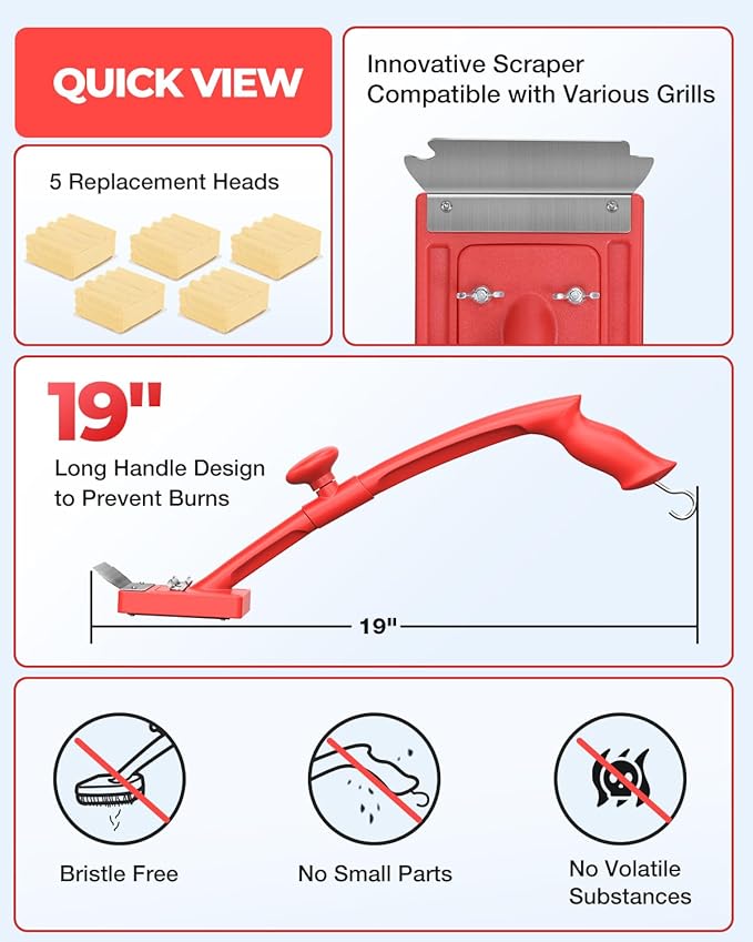 Grill Brush Bristle Free, Safe Non Metal Wire with Scraper 5 Replacement Heads, Steam Grilling Grate Cleaning Tool, Wireless Bbq Cleaner Accessory Kit Set, Outdoor Cast Iron Barbecue/Barbeque Scrubber