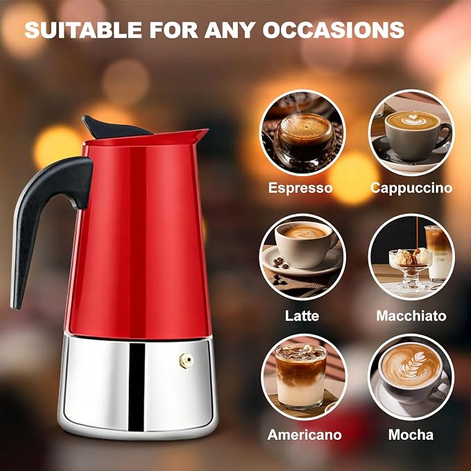4 Cup Stovetop Espresso Maker Stainless Steel Moka Pot Stove Top Percolator Italian Coffee Makers Capable Mocha Greca Machine Cafe Classic Induction Cookers for Home and Camping 200ml 6.6oz