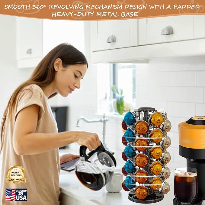 BLACKSMITH FAMILY Coffee Pods Holder Organizer, 360 Degrees Revolving Pod Carousel Compatible for 40 Nespresso Vertuo Pods No Assembly Required Nespresso Pods Holder Tower Stand,Piano Black