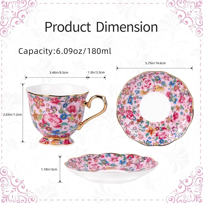 KAMMAK Tea Cups and Saucers Set of 2, Porcelain Coffee Cups, 6.3oz Stackable Espresso Mugs, Ceramic Demitasse for Coffee, Latte, Americano, Tea (645N+646N)