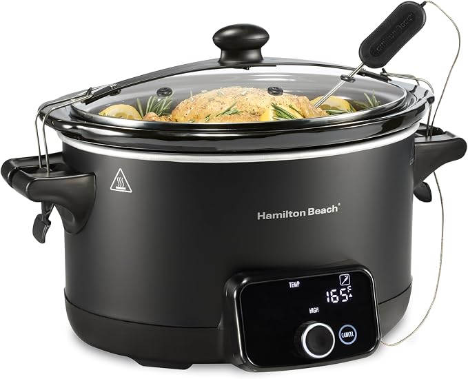 Hamilton Beach Portable Ready, Set, Dinner 6 Quart Programmable Slow Cooker | Temperature Probe & Defrost Function | Clip-Tight Lid For Easy Travel | Dishwasher-Safe Stoneware Crock | Matte Black | 33868