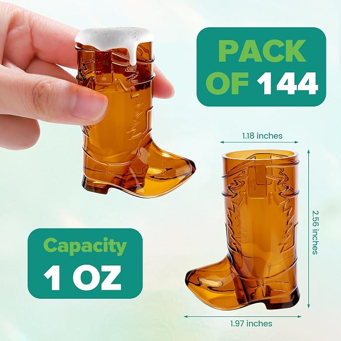 Aodaer 144 Pieces 1 OZ Brown Cowboy Boot Shot Glass Mini Plastic Boot Shot Cups Western Cowboy Glasses Reusable Beer Mugs for Cowgirl Party Decorations Birthday Bachelorette Party Favors