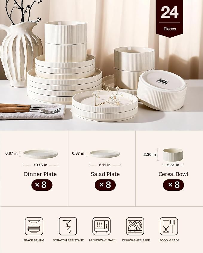 24-Piece Plates and Bowls Set, Porcelain Dinnerware Sets for 8 Service, Modern Dish Set-Chip and Scratch Resistant, Dishwasher & Microwave Safe, Creamy White