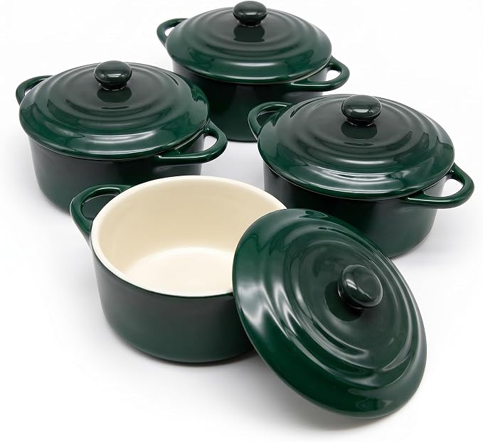 Kook Ceramic Mini Cocotte, Casserole Dish with Lid, 500F, 12 oz, Set of 4, Forest Green