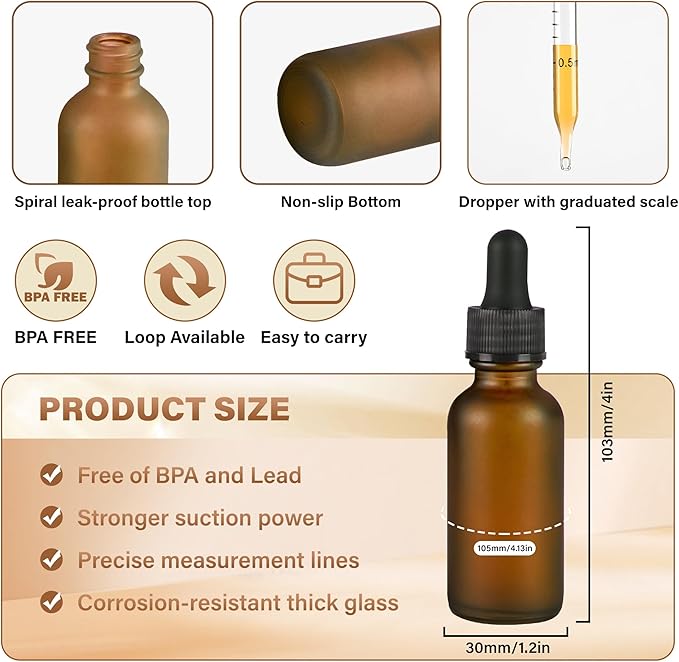 NOOEEISS 4 Pcs, 1oz Dropper Bottle, Amber Glass Eye Dropper Bottle, Tincture Bottles with Dropper, Pretty Finish, Leak-Proof Design, Stronger Suction for All Kinds of Mixed Liquids