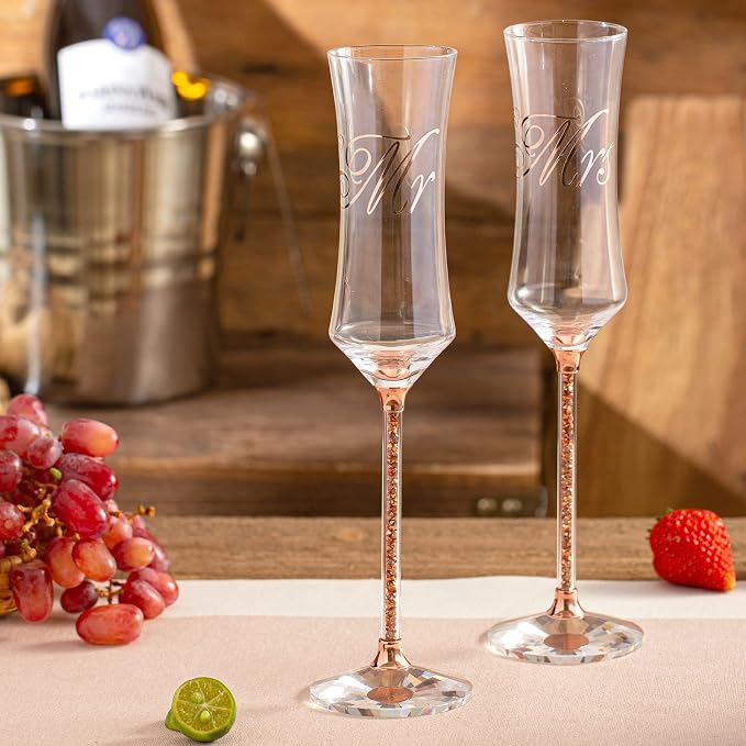 Wedding Cake Knife and Server Set, 7oz Crystal Champagne Flutes Set Rose Gold Bride Groom Toasting Glasses Cutting for Mr Mrs Engagement Gifts