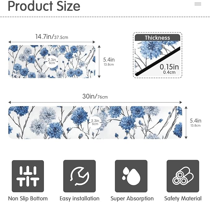 Kitchen Sink Splash Guard 2 PCS 30 Inch Sink Faucet Mat Splash Guard for Bathroom Countertop Water Absorbent Foldable Cuttable Soft Washable Chinese Style Cornflower
