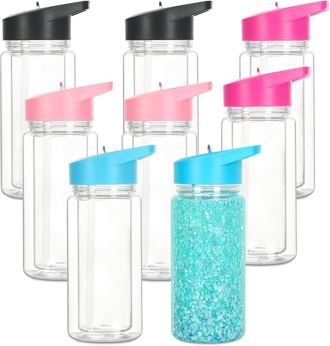 8 Pack 10 Oz Plastic Snow Globe Tumbler for Kids with Pre-Drilled Hole and Plug, Leak Proof Double Wall Snow Globe Sports Water Bottles with Portable Handle for Glitter DIY Gift, Mixed Color