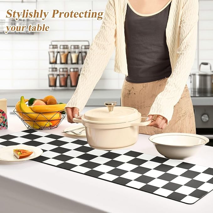 Checkered Black Trivet Table Runner Heat Resistant 230F for Hot Dishes Pots Plates Kitchen Dining Table Protector Decorative 39.37 X 11.8 Inch