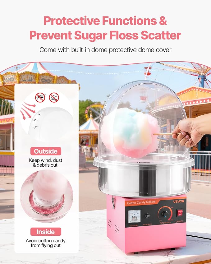 VEVOR Electric Cotton Candy Machine, 1000W Commercial Floss Maker With Cover, Commercial Cotton Candy Machine w/Stainless Steel Bowl & Sugar Scoop, Ideal for Carnival, Birthday, Family Party, Pink