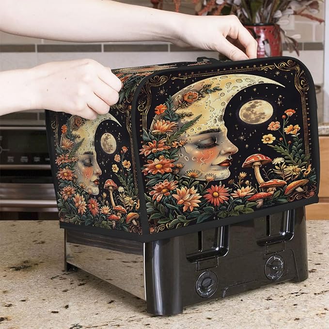Flowers Moon Mushroom Face Toaster Cover 4 Slice Dust and Fingerprint Protection Toaster Bread Maker Covers Washable Kitchen Small Appliance Covers for Kitchen Accessories Decor Bakeware Women Gift