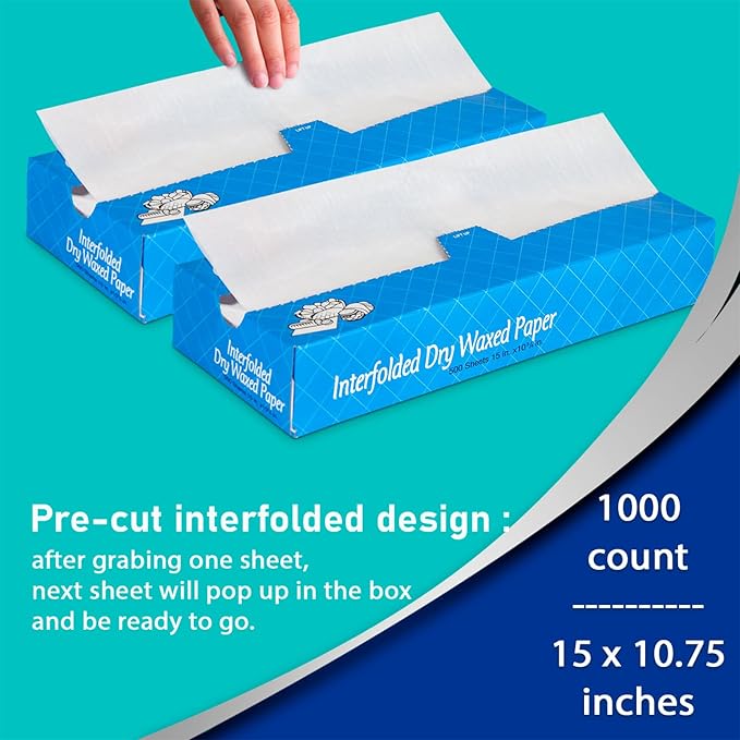 Fit Meal Prep 1000 Sheets 15 x 10.75” Dry Wax Paper Sheets for Food, Greaseproof Sandwich Wrapping, Interfolded Deli Wax Paper for Fries, Burgers, Food Basket, Made in USA