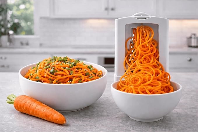 Brieftons 7-Blade Vegetable Spiralizer: Zucchini Spiral Slicer & Veggie Noodle Maker, Japanese Steel Blades, Catch Container, Strong Suction Cup, Blade Caddy, 4 eBooks | Low Carb, Vegan, Gluten-Free