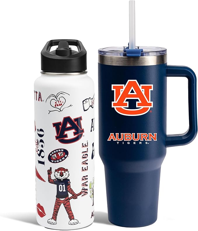 The Memory Company Officially Licensed NCAA 2-Pack Stainless Steel Tumbler Set, 34oz Team Spirit Water Bottle & 40oz Game Day Tumbler with Lid and Straw, BPA-Free Materials, Convenient Straw Design