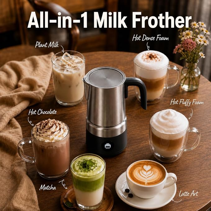AMZCHEF Milk Frother and Steamer, Electric Automatic Hot and Cold Foam Maker with 600W, 17oz Stainless Steel Pitcher & LED Display, 8-in-1 Milk Frother for Latte, Cappuccino, Macchiato, Hot Chocolate