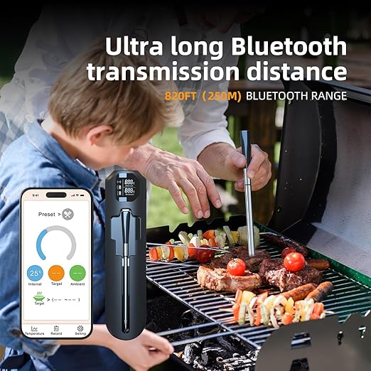 YFL Smart Wireless Meat Thermometer with App, 500ft Range Bluetooth 5.4 BBQ Thermometer, Wire-Free Digital Food Probe with Dual Sensors for Grilling, Smoker, Oven, Rotisserie, Steak, IP67 Waterproof