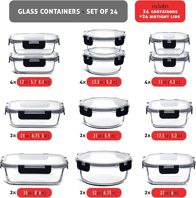 EATEX 48pc Glass Storage Containers with Lids, 24 Glass Food Storage Containers with 24 Airtight Lids for Pantry & Kitchen, Meal Prep Containers for Lunch, Oven Freezer Microwave & Dishwasher Safe