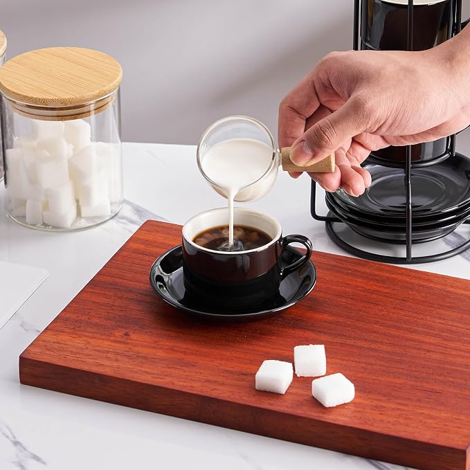 Cappuccino Cups Set of 4, 8oz Stackable Coffee Cups Set with Saucers and Metal Stand, Black Coffee Mugs and Saucers for Cappuccino, Latte, Americano and Tea