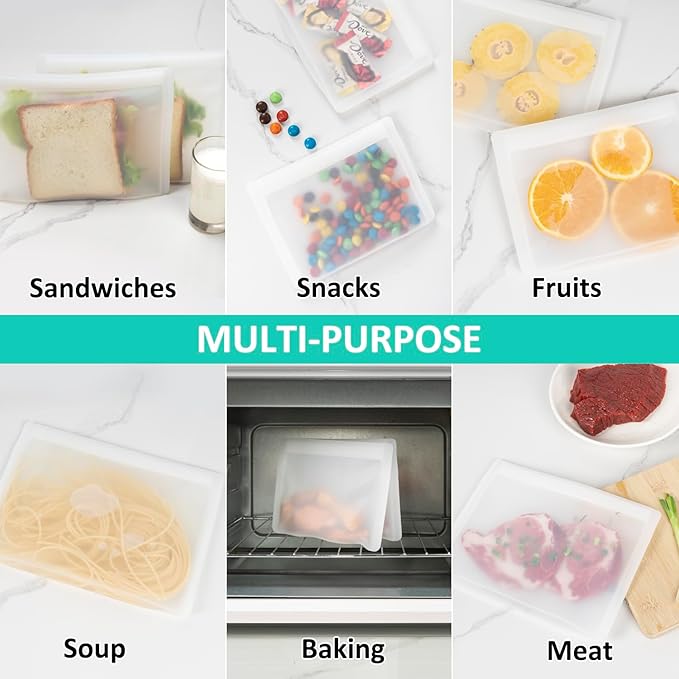 Bundle of 4 Pack 100% Silicone Reusable Food Storage Bags 16oz Translucent + 8 Pack 100% Silicone Reusable Sandwich Bags & Snack Bags