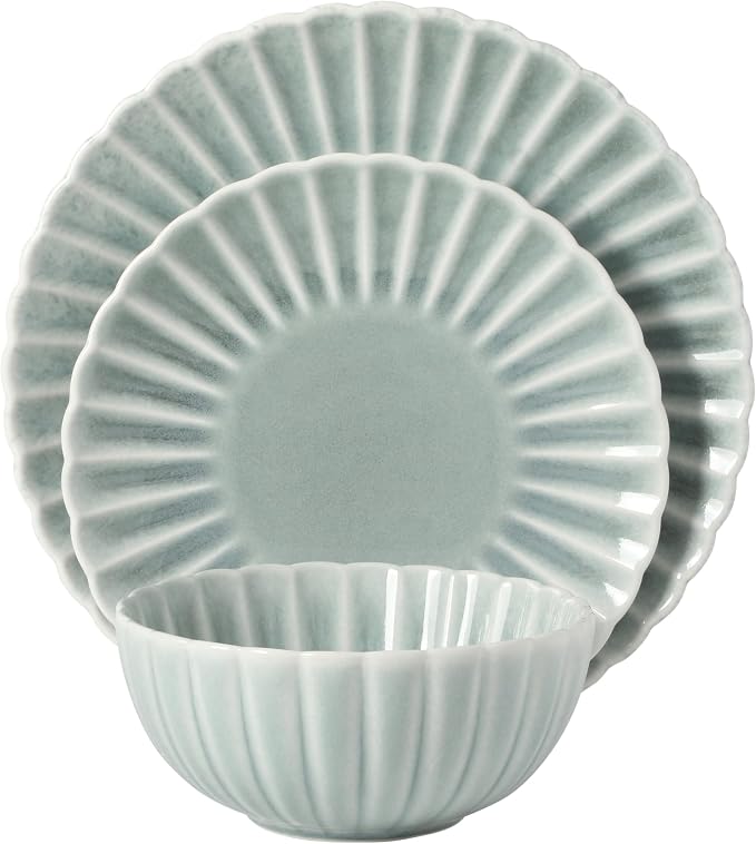 Gibson Elite Peach Orchard 12-Piece New Bone China Dinnerware Set Service for 4, Embossed Fluted Plates and Bowls, Dishwasher and Microwave Safe, Aqua Blue